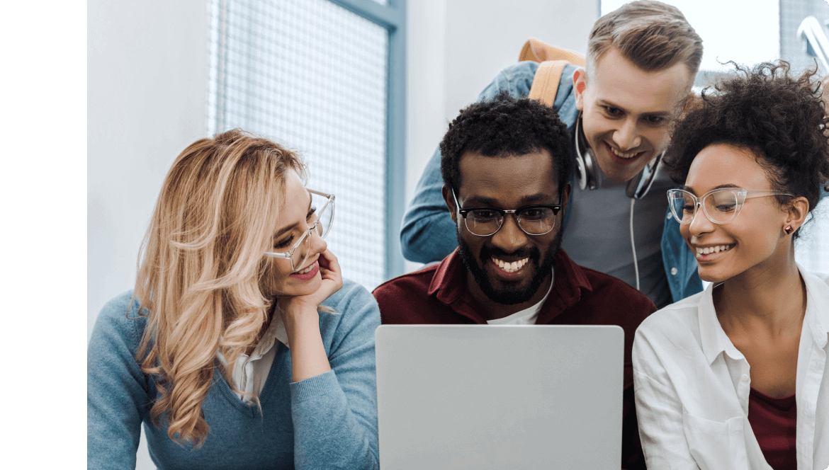 two men and a woman looking at a laptop screen