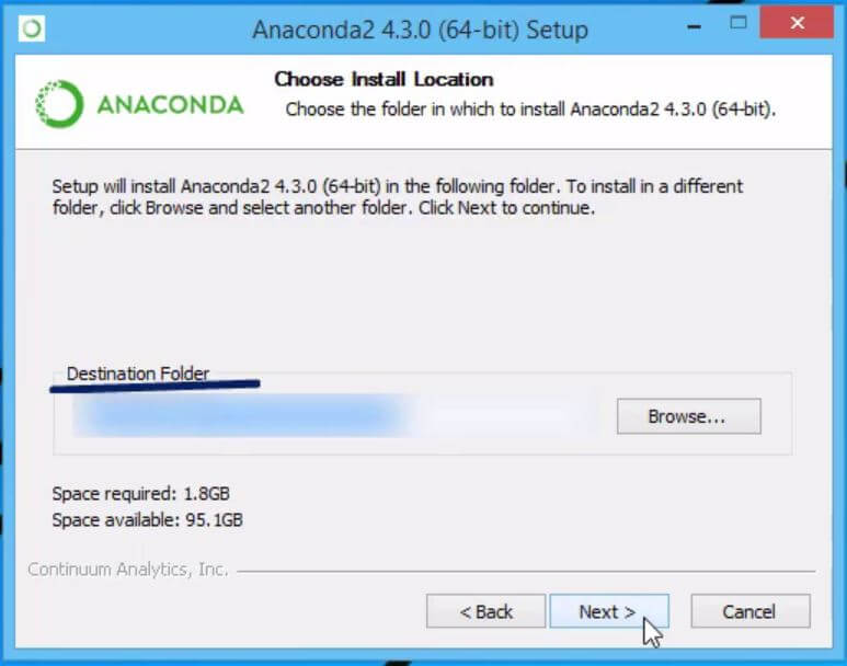 Example of Installing Python and Jupyter in Anaconda: choosing a Destination folder