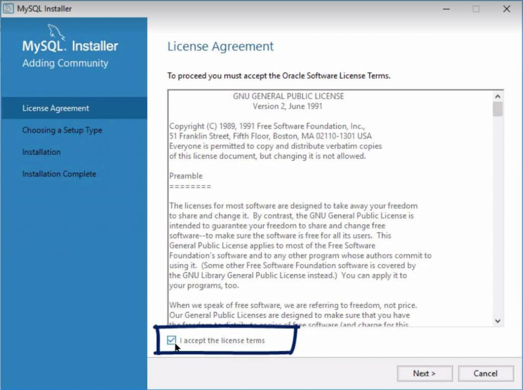 Accept terms and conditions, installing mysql