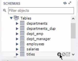 checking the DDL information about the titles table in SQL