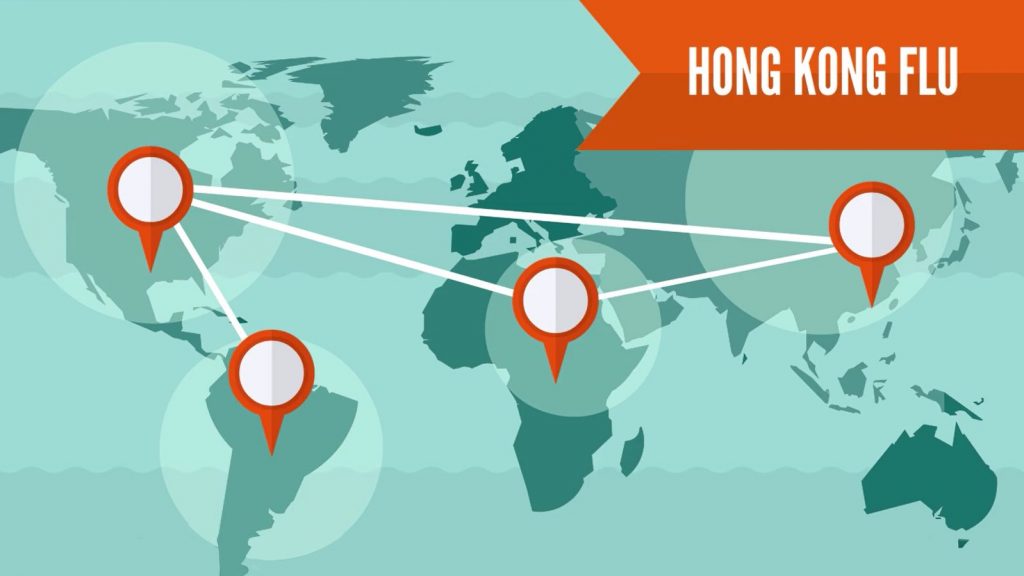 A world map highlights major locations involved in the Hong Kong flu outbreak of 2025, with four prominent points connected by lines indicating international spread.