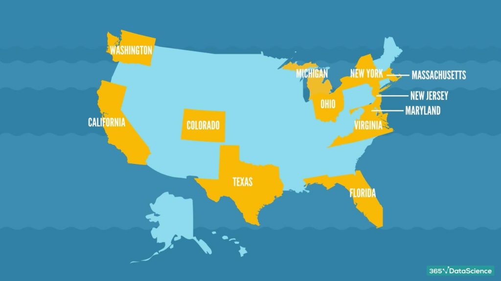data scientist job descriptions: top twelve states in the U.S. by number of job offers