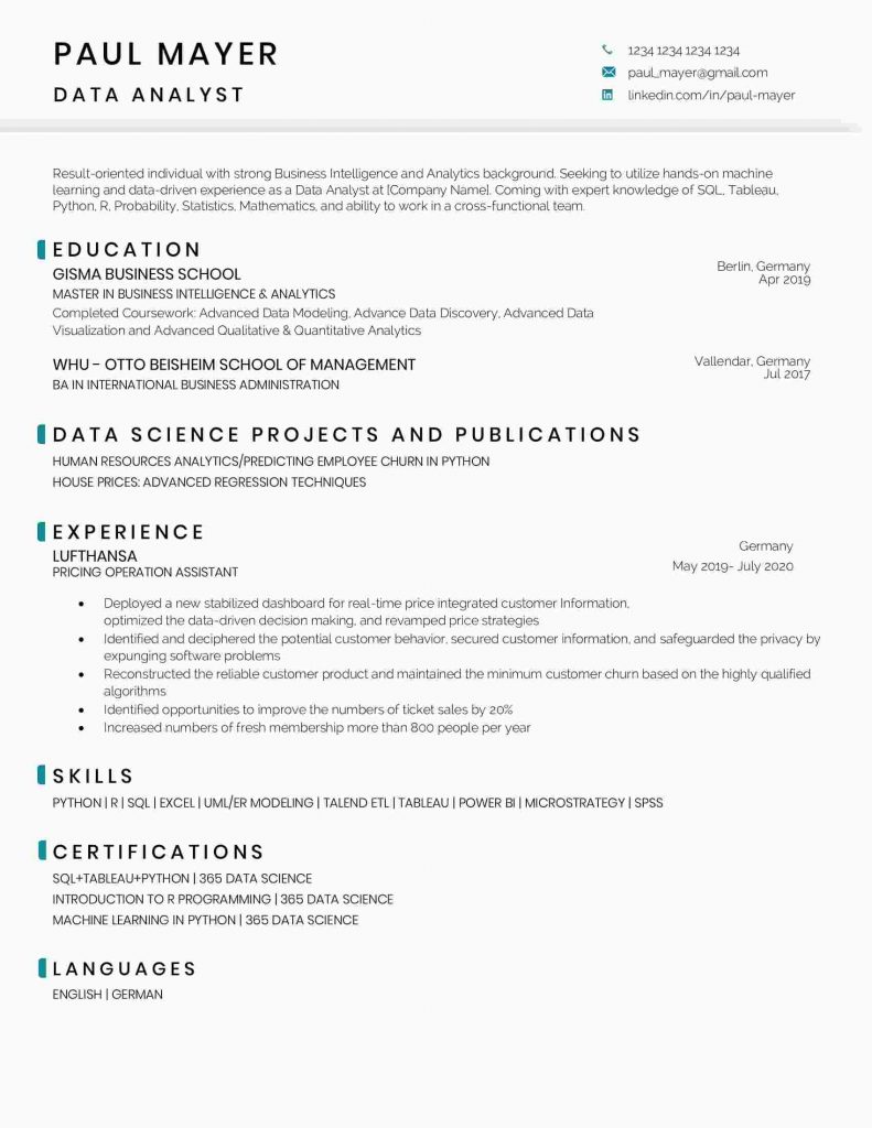 Data Analyst Resume Sample And Template 365 Data Science