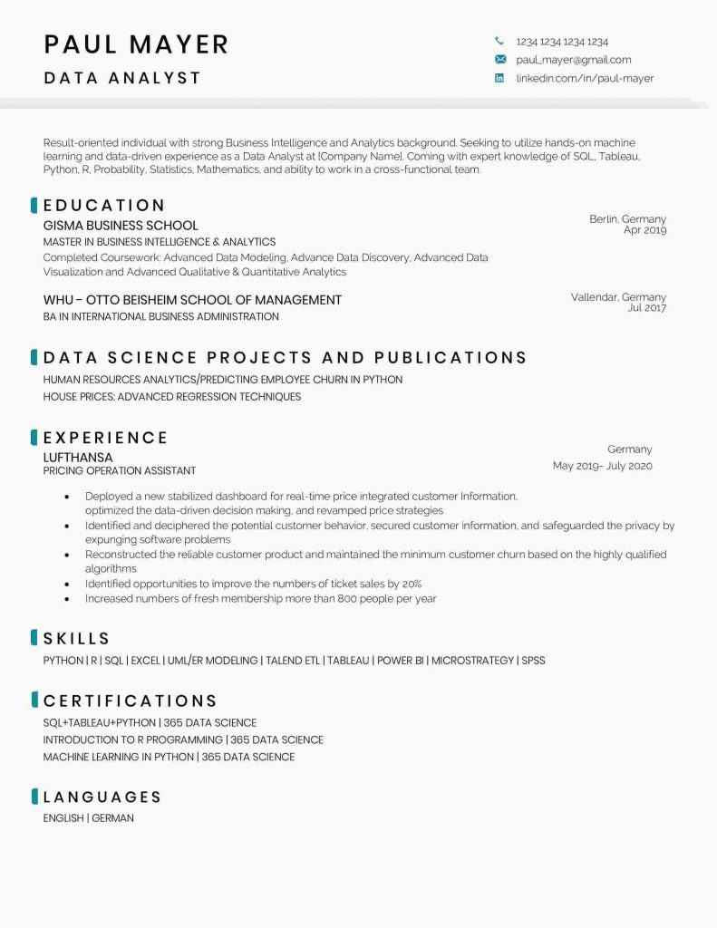 data analysis project in resume