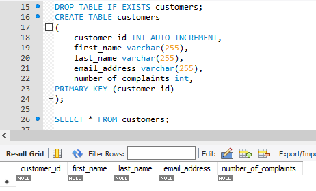 MySQL displaying the correctly created "Customers" table, containing no records at this stage.