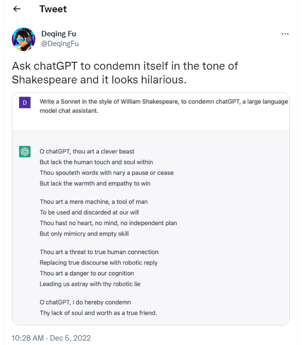 ChatGPT writes a sonnet in the style of William Shakespeare, condemning itself.