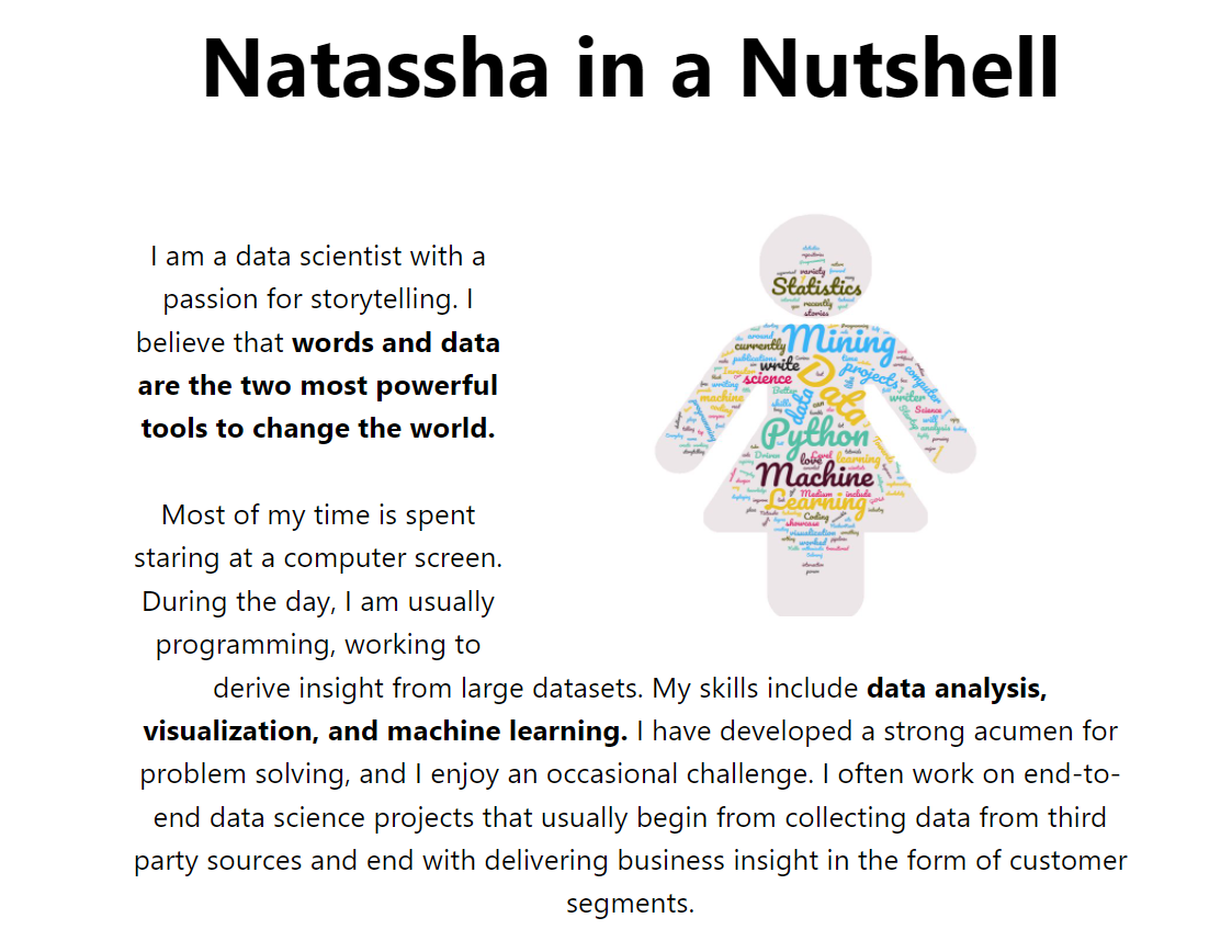 Screenshot of a data science portfolio’s about me page