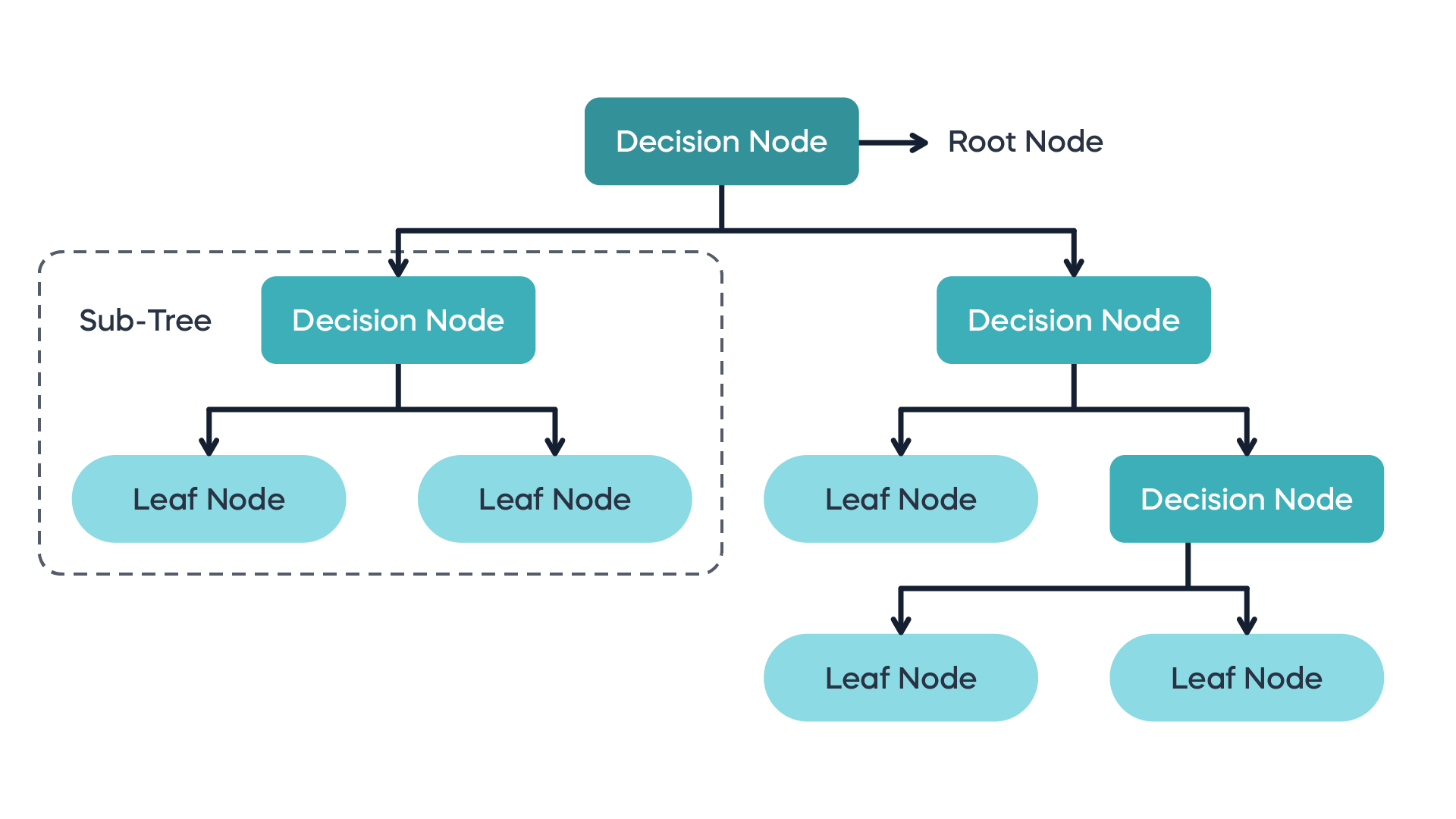 An example of a typical decision tree structure, including decision nodes and leaf nodes.