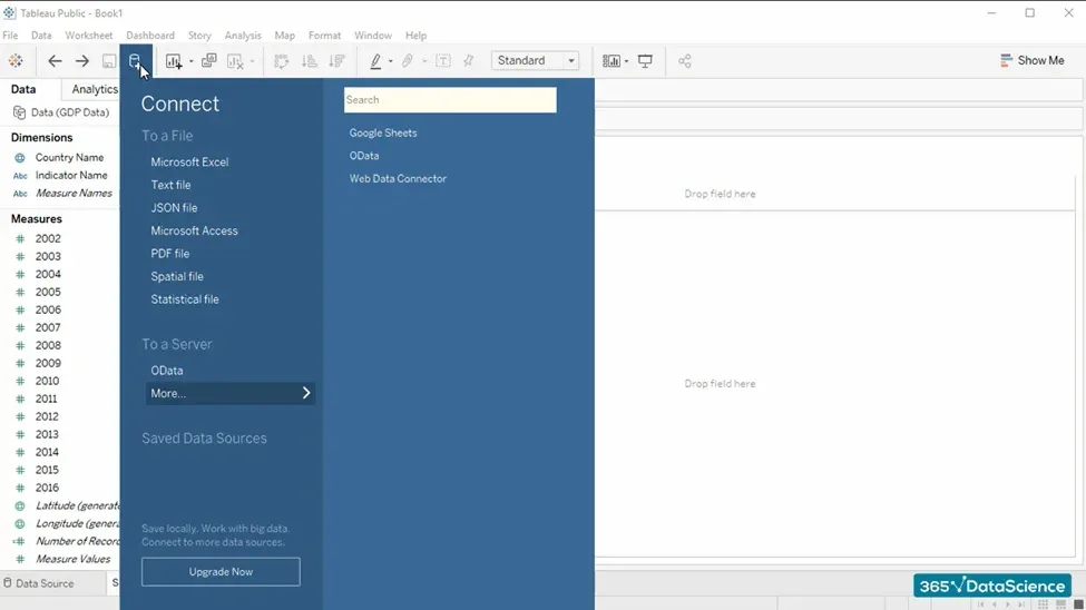 Accessing the Connect functionality through the New Data Source button in the Tableau interface