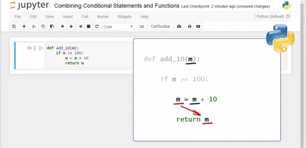Combining Conditional Statements and Functions in Python: substituting the value of 'm' with a value greater than 'm' with 10 and return a value equal to the new 'm'