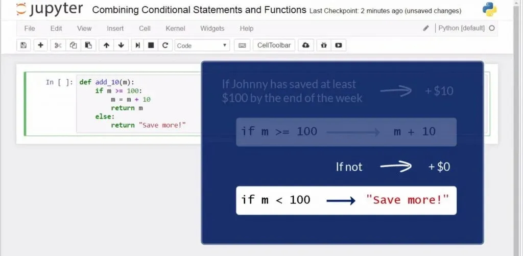 Combining Conditional Statements and Functions in Python: if m < 100, then 'Save more'