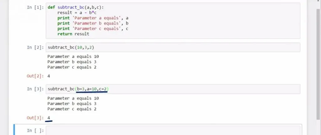 Creating Python Functions Containing a Few Arguments: subtract_bc (b=3, a=10, c=2)