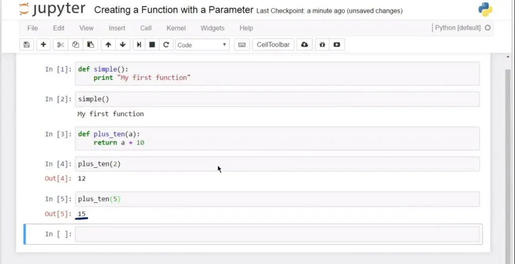 Creating a Python Function with a Parameter: running + 10 with an argument of 5