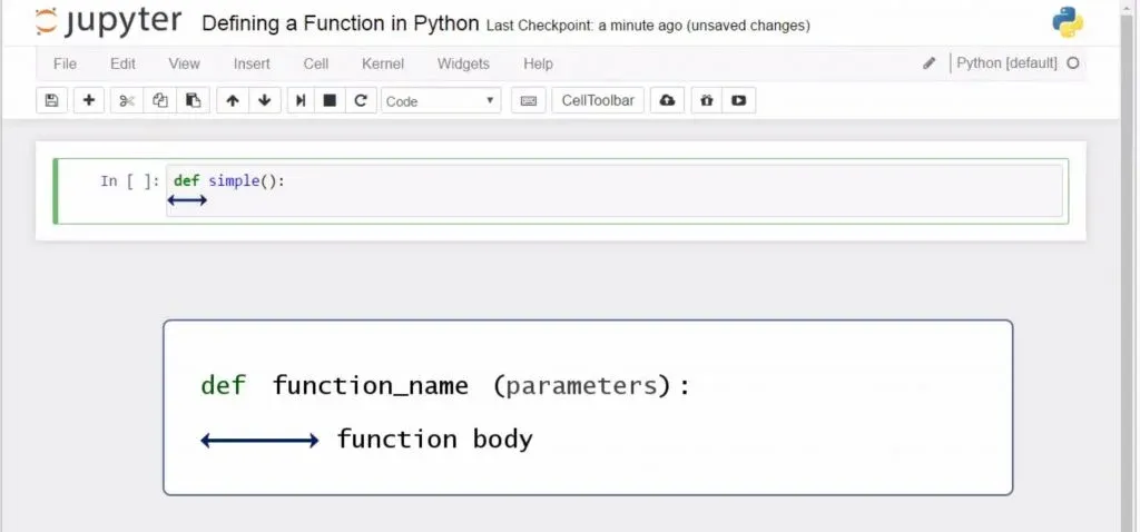 Defining a Function in Python: def function_name (parameters) and function body