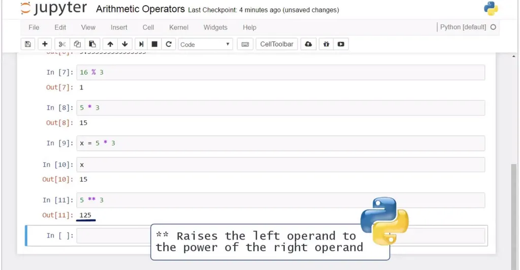 example of calculating 5 to the power of three by using the double star operator in Python