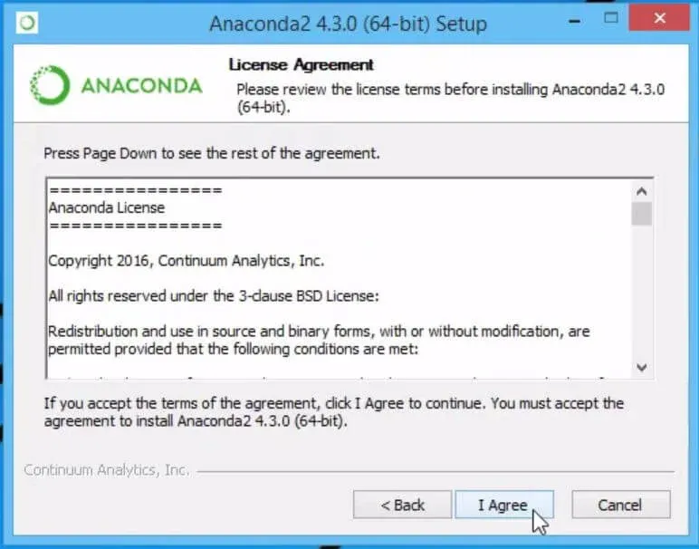 Example of Installing Python and Jupyter in Anaconda: pressing "I Agree" on license agreement