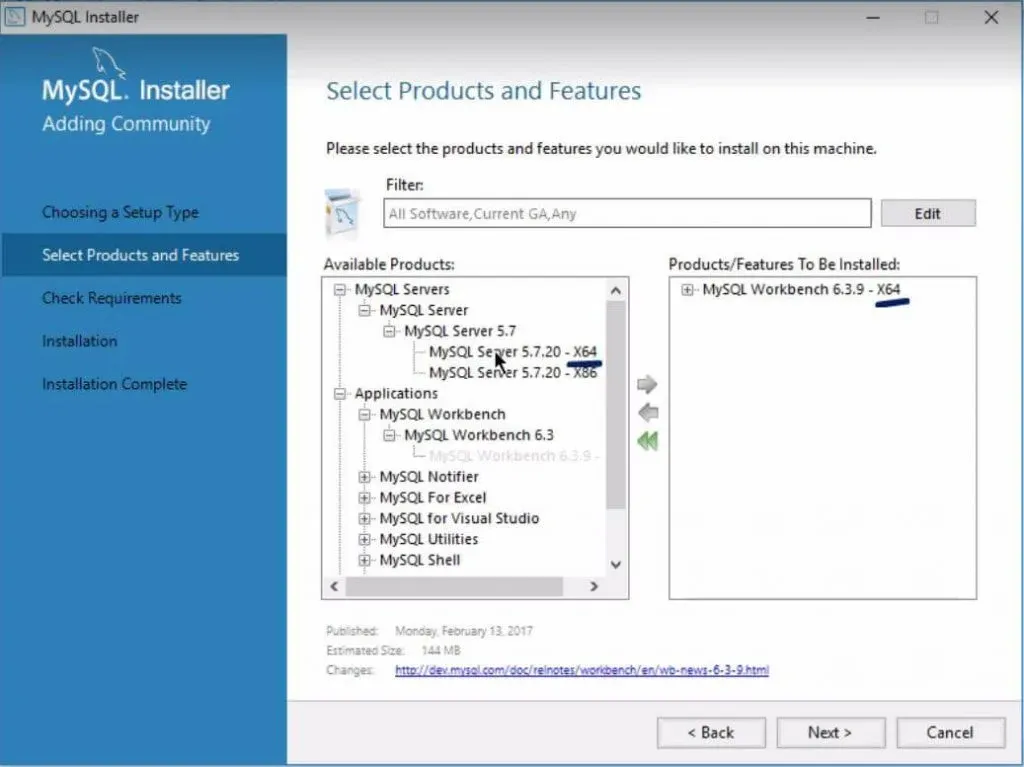 Workbench X64, installing mysql