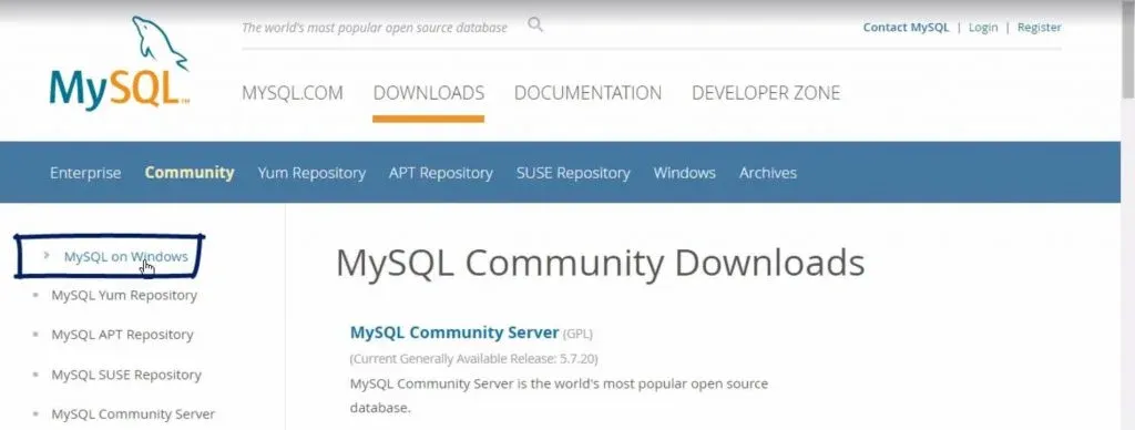 Mysql on windows tab