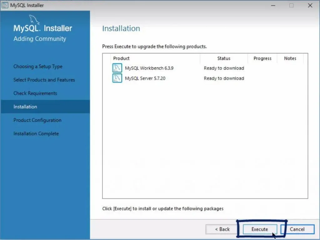 click execute, installing mysql