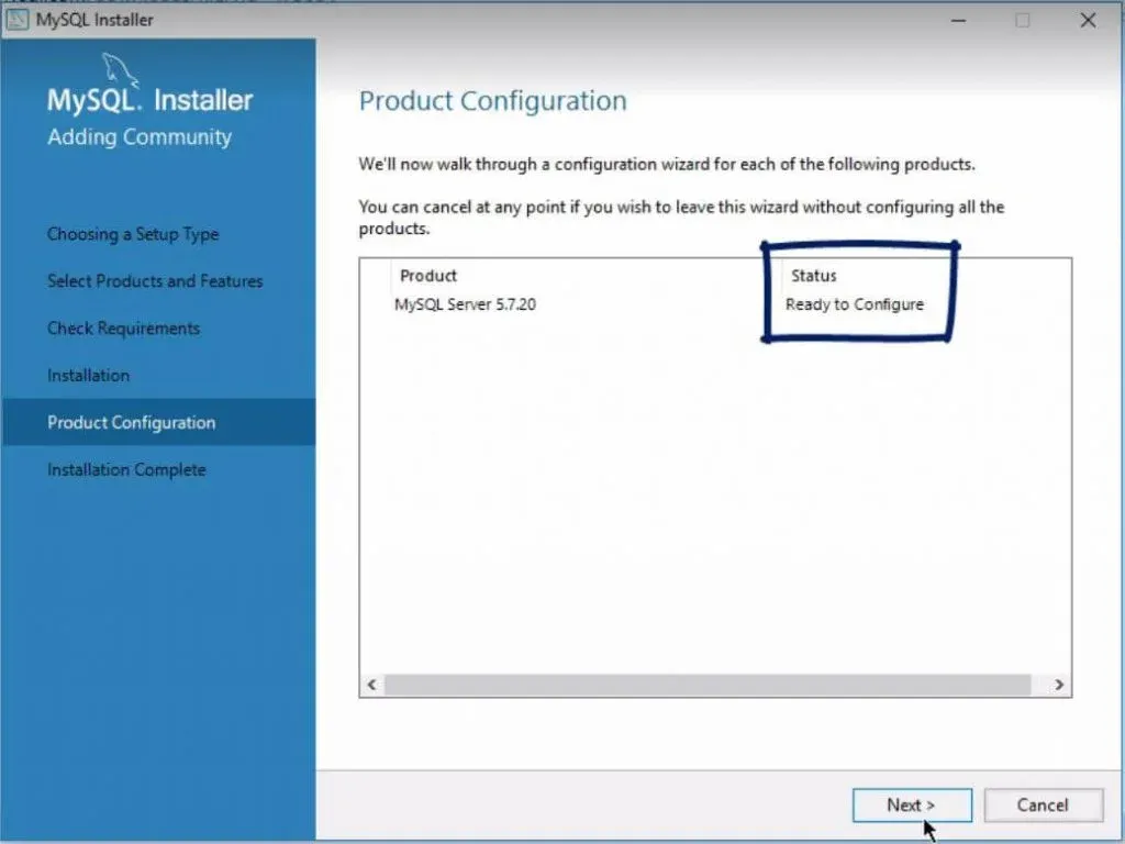 Status ready to configure, installing mysql