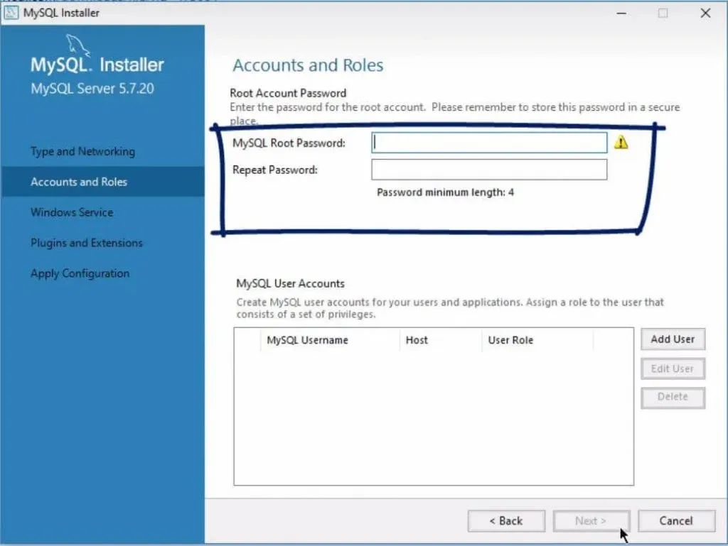 root password, repeat password, installing mysql