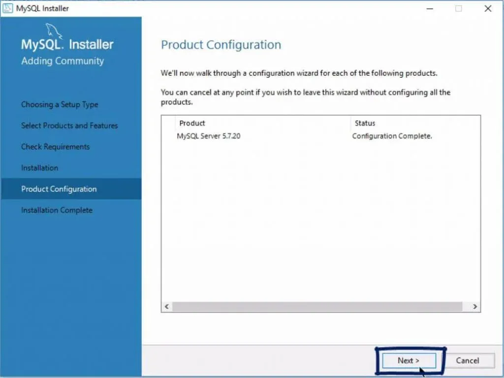 product configuration click next, installing mysql