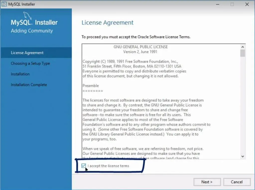 Accept terms and conditions, installing mysql