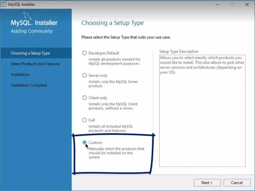 Custom setup, installing mysql