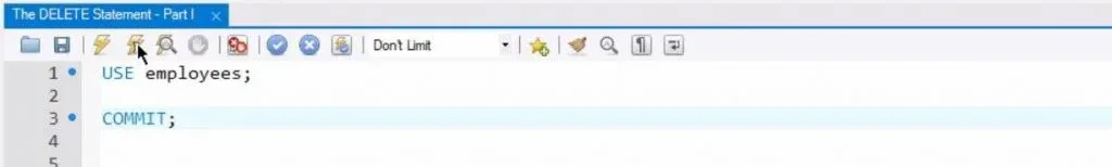 Use employees Commit, sql delete statement