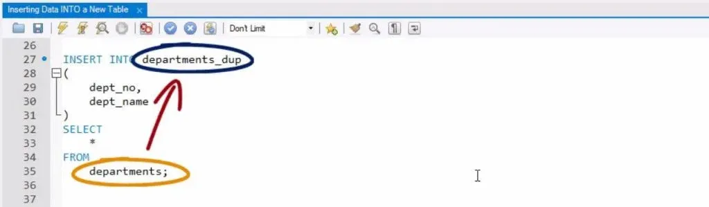 INSERT INTO the “department number” and “department name” columns from the “Departments duplicate” table everything that can be selected from the “Departments” table