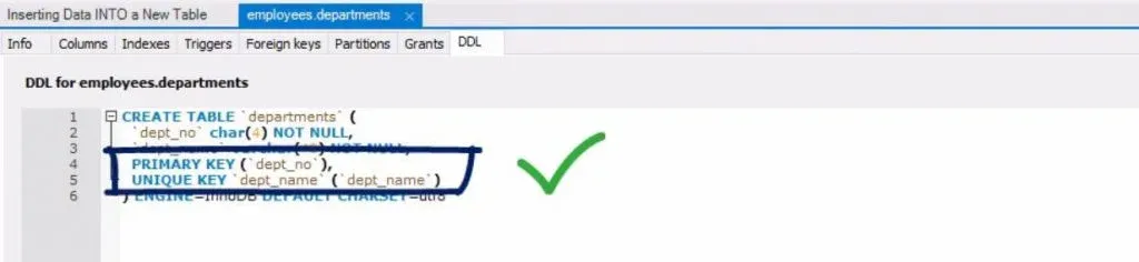 DDL for employees departments with primary key and unique key ticked