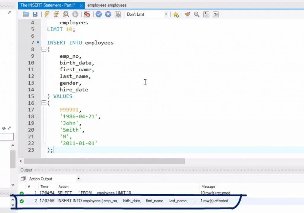 1 row affected, sql insert statement