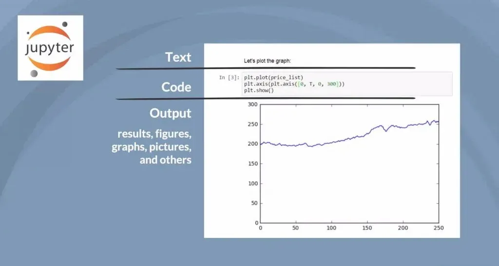 In Jupyter you can have pure text, computer code, and output containing rich text, like equations, figures, graphs, pictures, and others