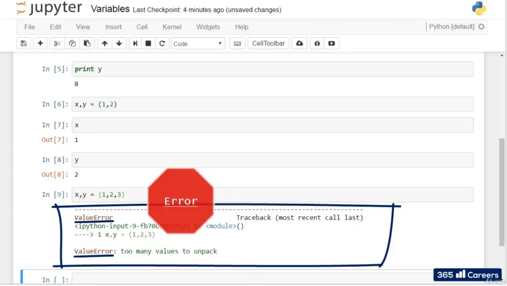 example of an error message in Python when the number of variables on a line is not equal to the number of values 