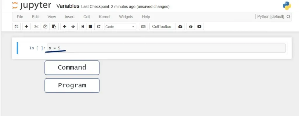 x=5 command program, python variables