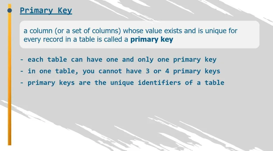 A column whose value exists and is unique for eveery record in a table is called a primary key