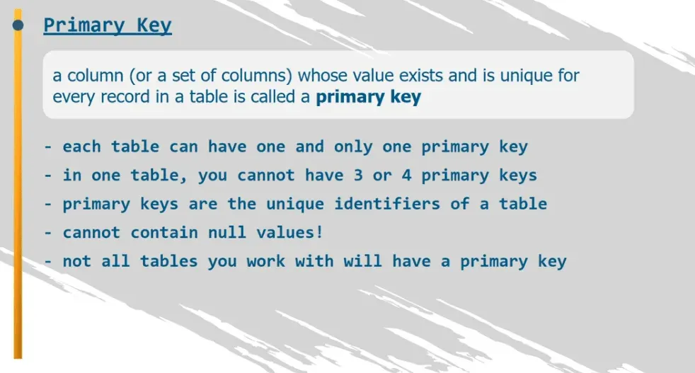 each table can have one and only one primary key. Primary keys are unique. They cannot contain null values. Not all tables have a primary key.