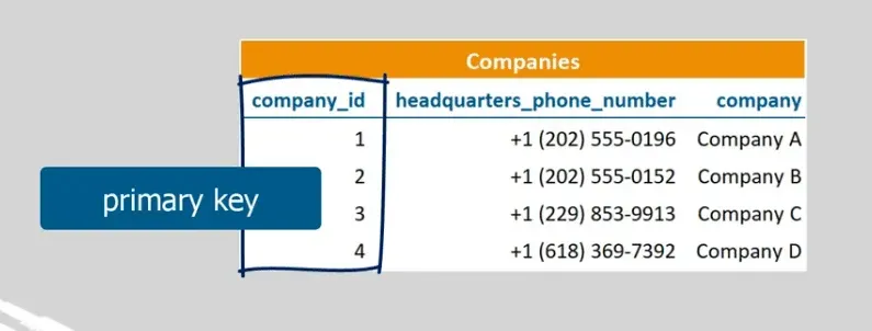 The primary key for companies is 'company id'