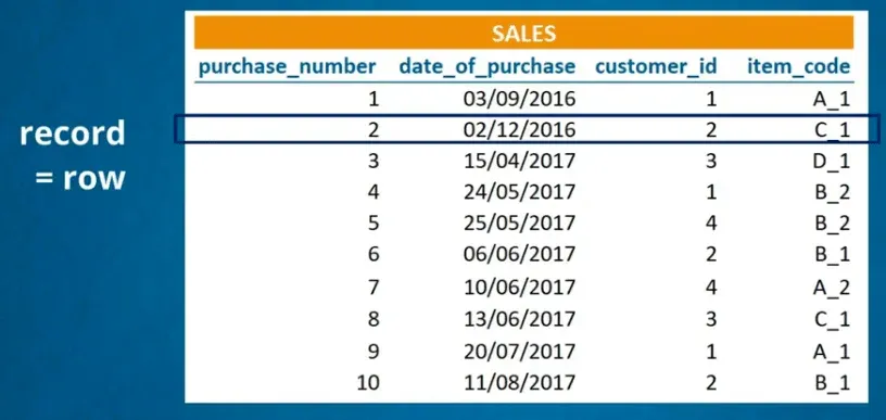 Data Values make up a record or row