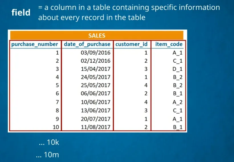 A column in a table is a field