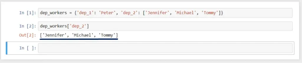 dep 1 peter dep 2 Jennifer, Michael, and Tommy, dictionaries in python