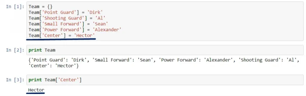 Print team 'center' equals 'hector', dictionaries in python