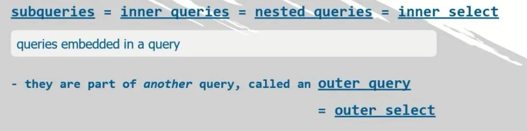 outer select, SQL subqueries