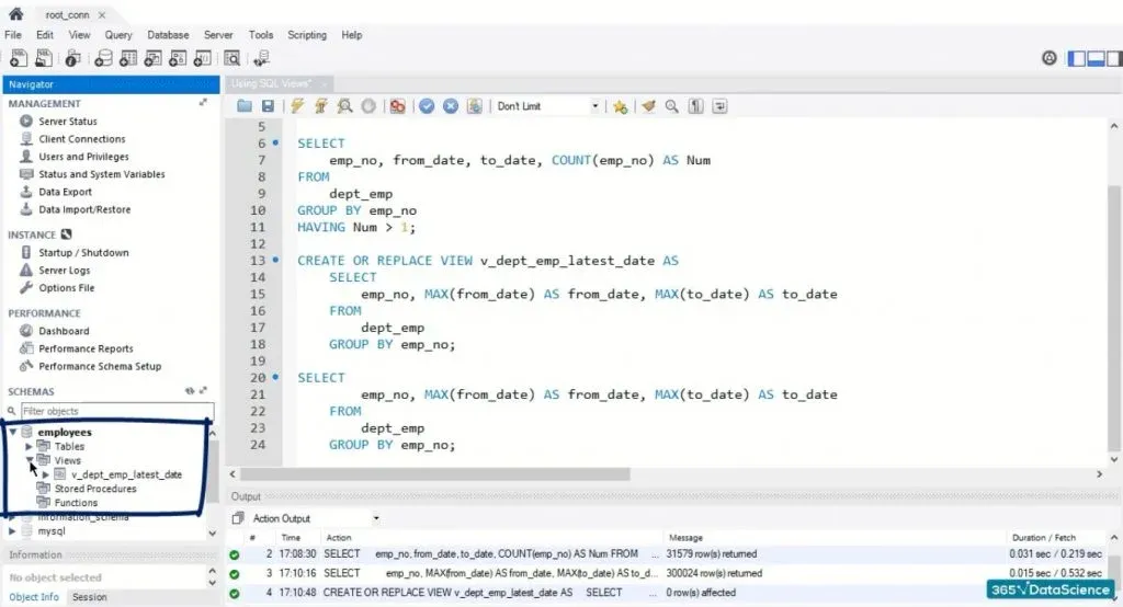 employees table, sql views