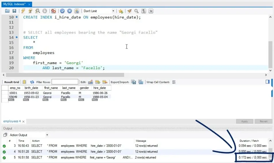 0.172 sec, indexes in mysql