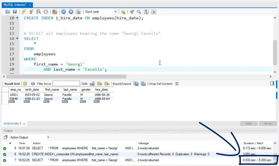 0.032 sec, indexes in mysql