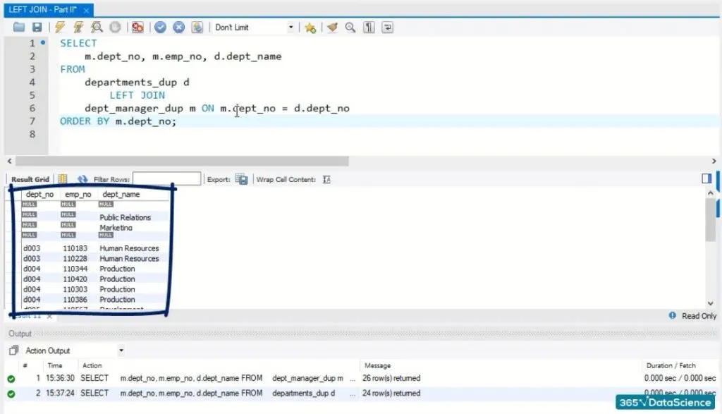 The output, left join in sql