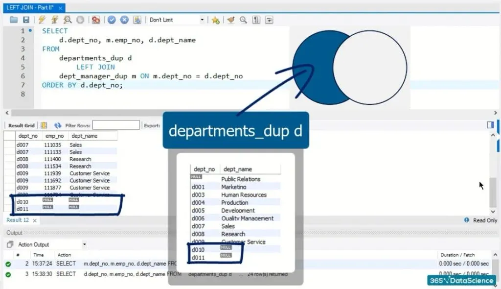 d010 and d011, left join in sql