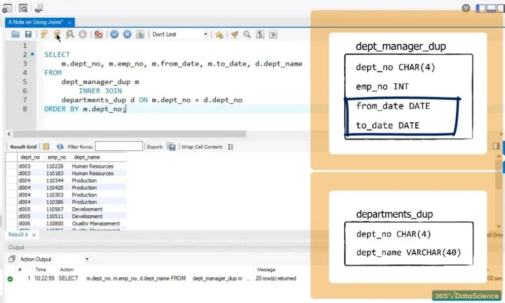 from_date and to_date from dept_manager dup, joins syntax in sql