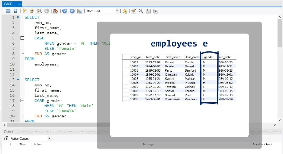 employees e gender, sql case statement